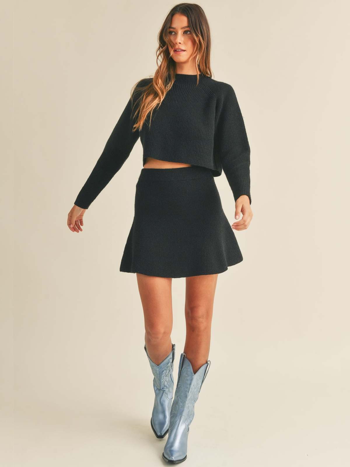 MABLE 3 Pieces Sweater Set with Crop Cami, Mini Skirt, Cardigan