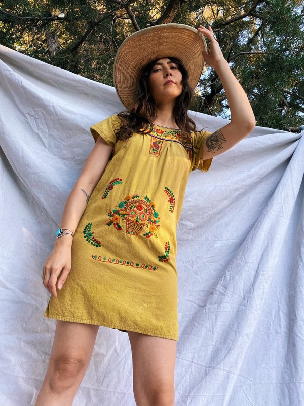 VINTAGE 1970 NATURAL DYE EMBROIDERED MINI DRESS XS-S | Garmentory