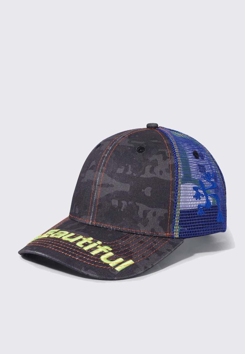 b.eautiful Soto Trucker Hat - Black Camo/Blue | Garmentory