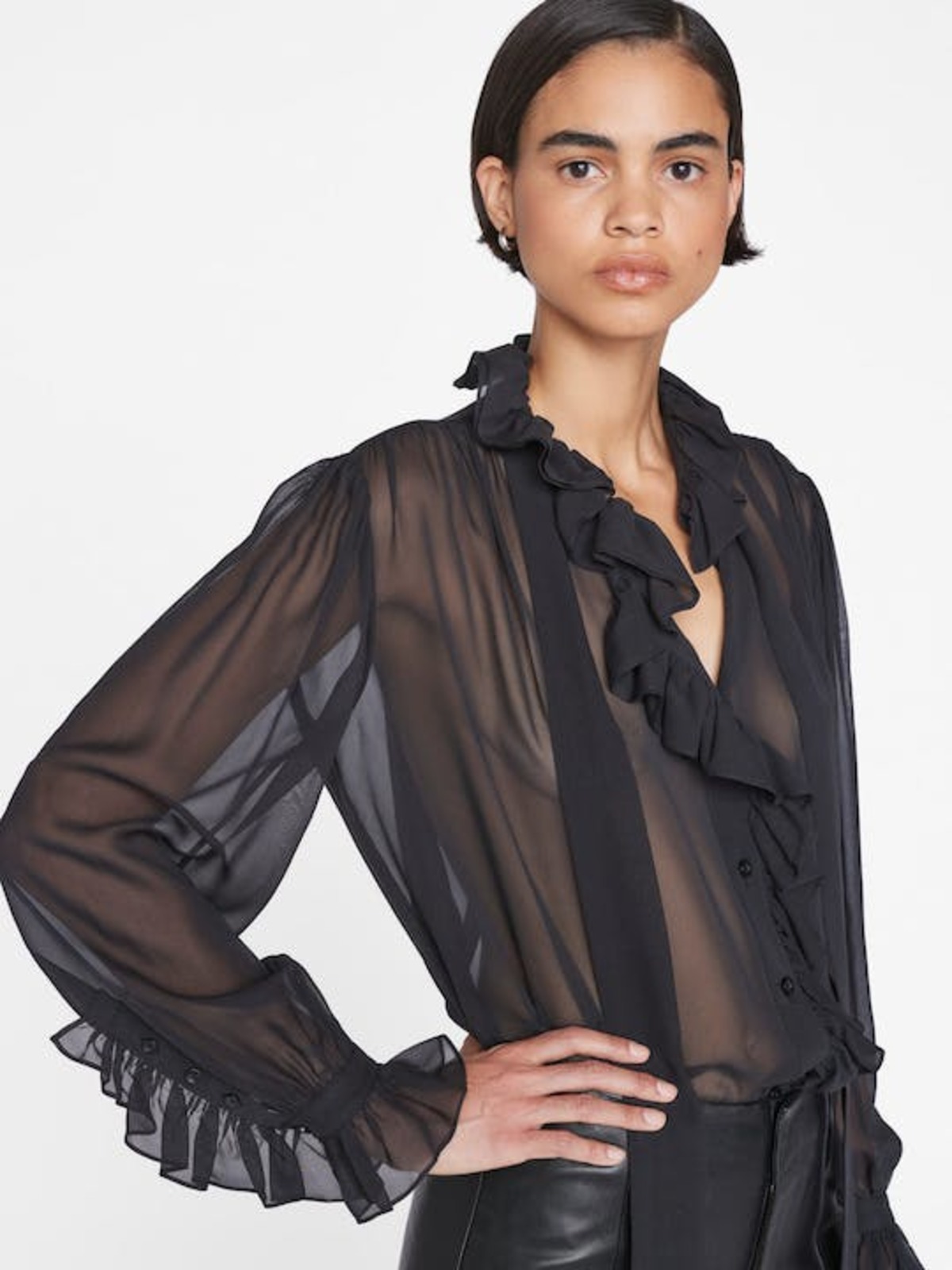 FRAME Denim Ruffle Front Button Up Shirt - Noir | Garmentory