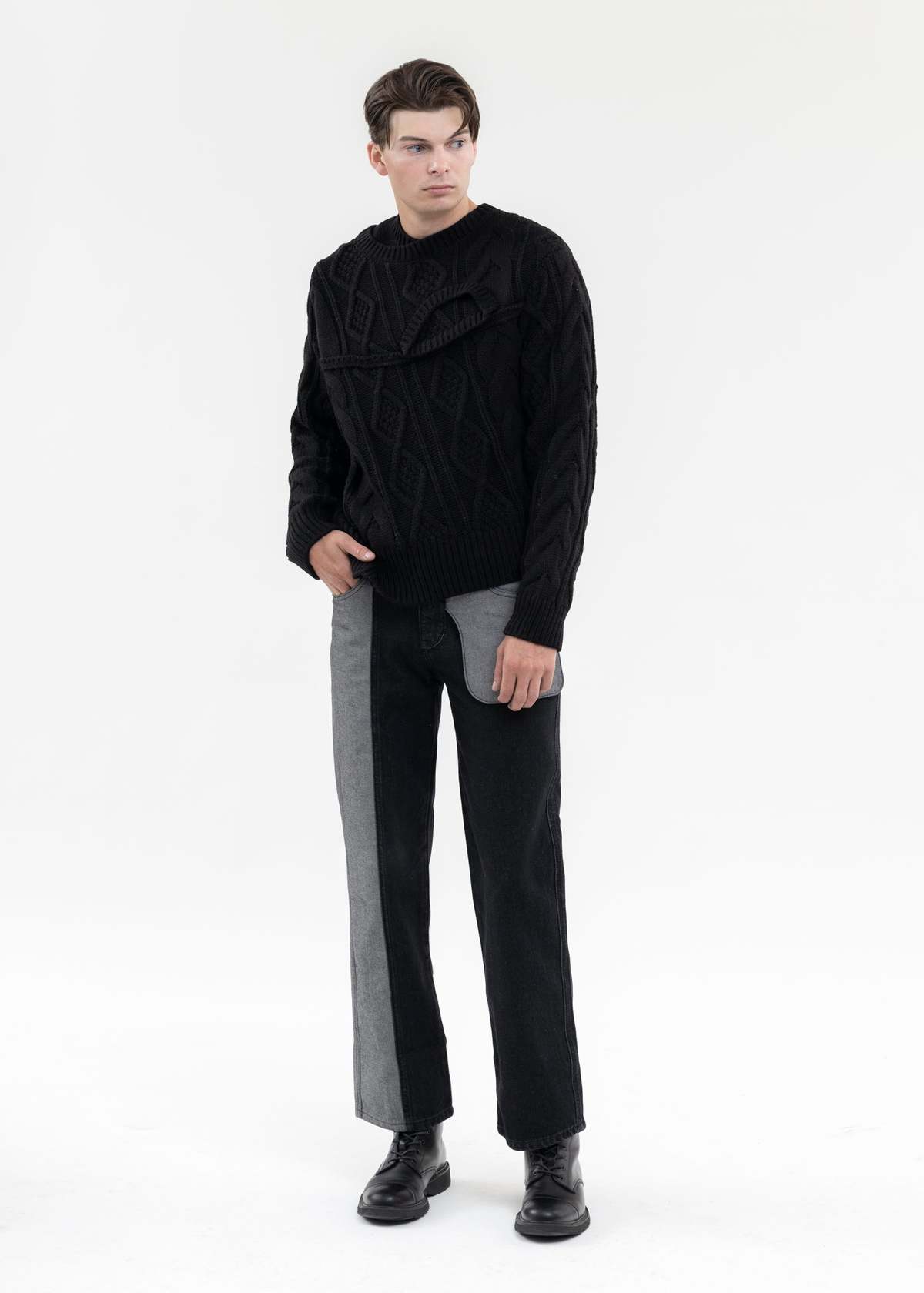 Feng Chen Wang Double-collar Cable Knit Jumper - Black | Garmentory