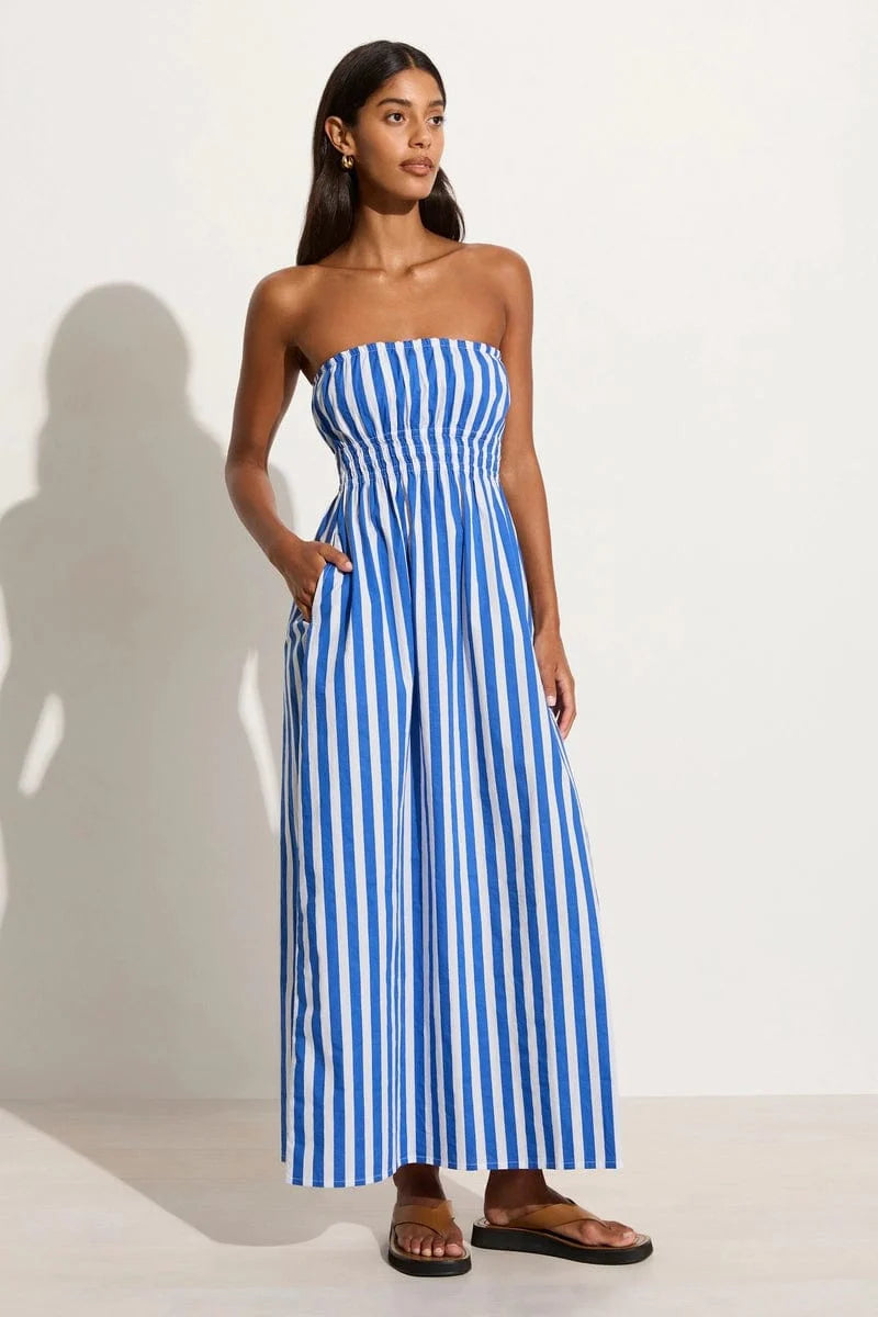 Faithfull The Brand Le Bon Midi Dress - Bayou Stripe Cobalt  