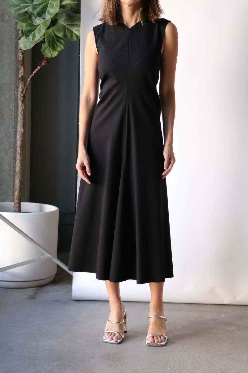 Tibi Compact Ultra Stretch Knit V Neck Godet Dress - Black Tibi Compact Ultra Stretch Knit V Neck Godet Dress - Black