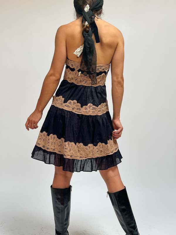 bcbg halter dress black NEW WITH TAGS Max Azria Y2K 96% polyester BCBG Lace Tiered Halter Dress