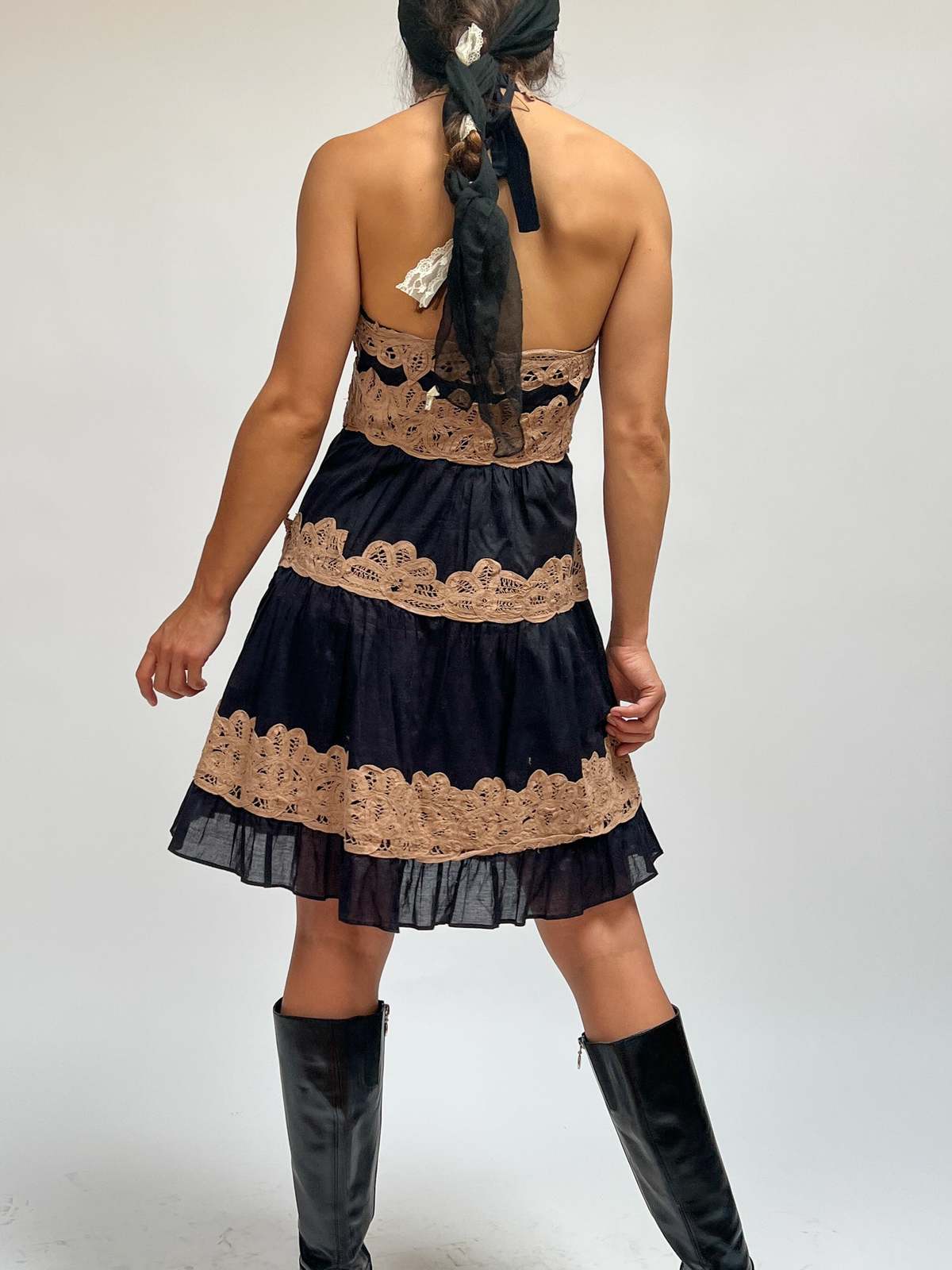 BCBG Lace Tiered Halter Dress - Black/Brown | Garmentory