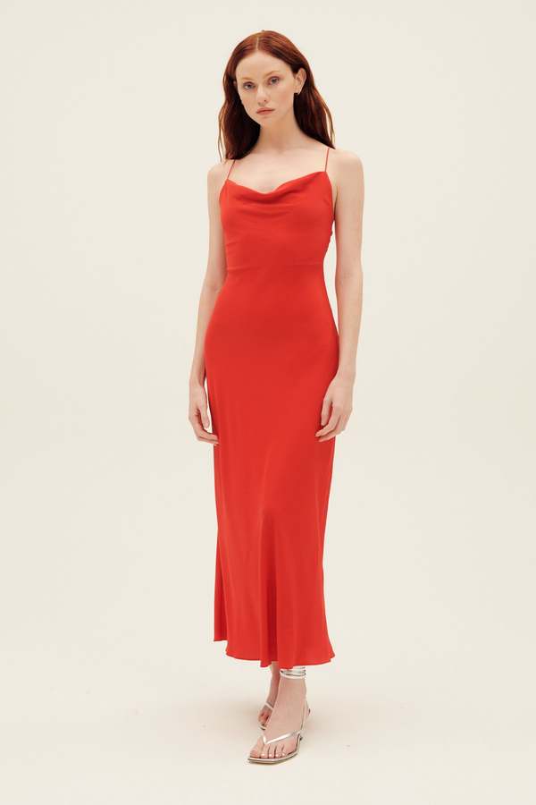 strapless open back dress Matteau Gathered Drop Waist Dress - Polka Dot - Tomato