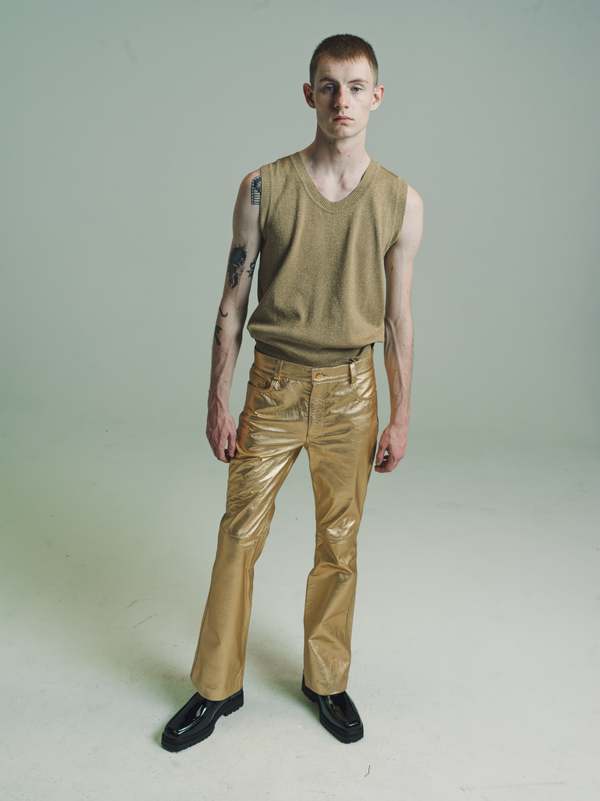 Ernest W. Baker Lamb Leather Flare Trousers - Gold | Garmentory