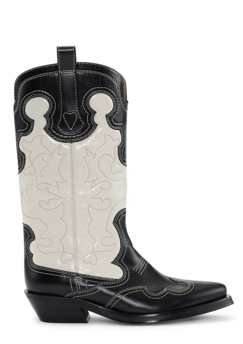Ganni Mid Shaft Embroidered Western Boot - Black/Egret
