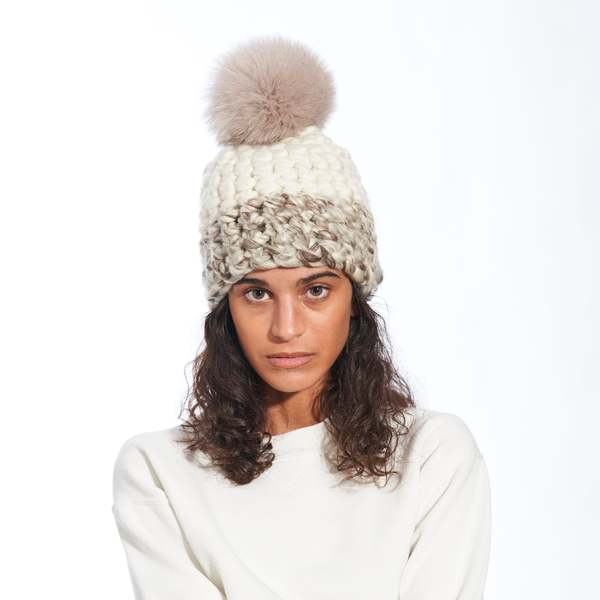 Mischa Lampert Color Block Beanie w/ white fur pom Mischa Lampert XL pom color block beanie - Marzipan/white  main image 2