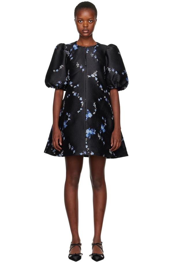 knee length dresses for ladies Ganni BLACK BOTANICAL JACQUARD OPEN-BACK MINI DRESS main image 1