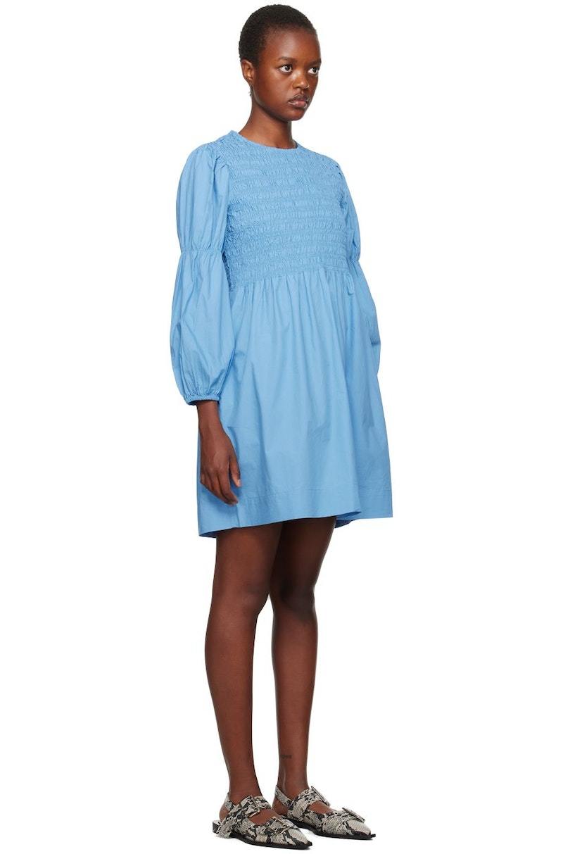 Ganni Smocked Minidress - Silver Lake Blue | Garmentory