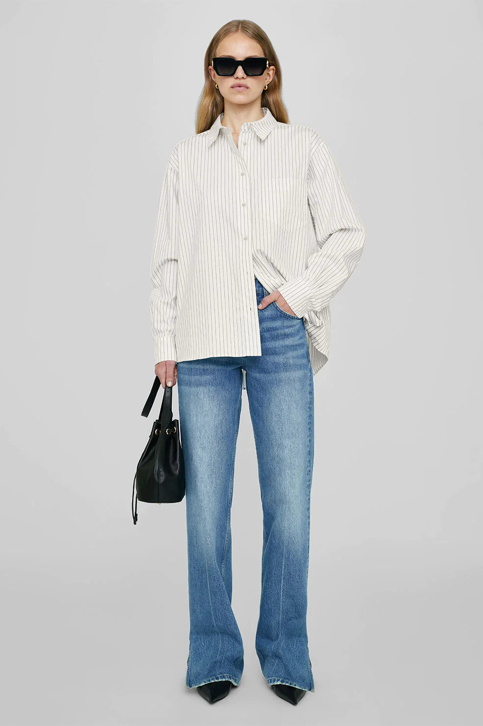 Anine Bing Braxton Shirt - Ivory/Blue Monogram Stripe