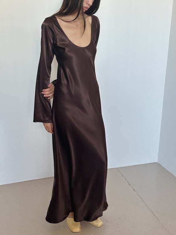 Trois Chocolate Satin Long Sleeve Dress - Brown | Garmentory