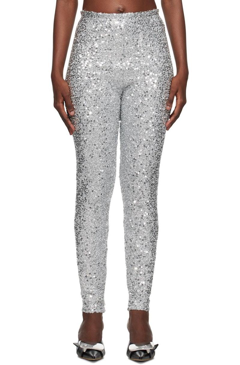 High Waisted White Glitter Leggings White Sequin Leggings Silver