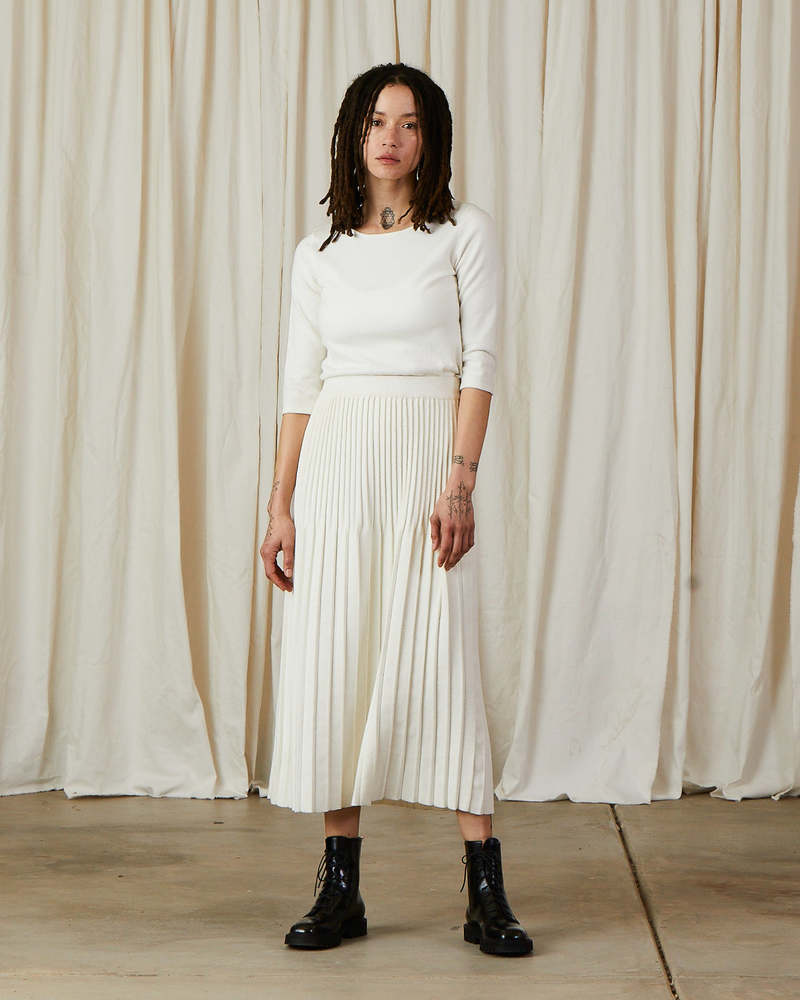 Ali Golden Cotton/Wool Pleated Midi Skirt - Bone | Garmentory