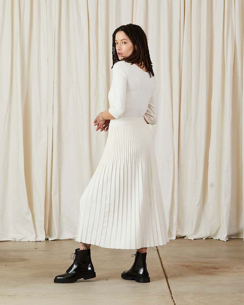 Ali Golden Cotton/Wool Pleated Midi Skirt - Bone | Garmentory