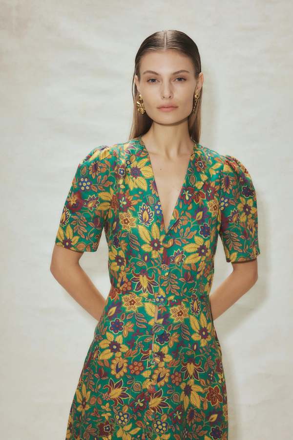 slim fit dress slacks Alemais Cassandra Cut out Midi Dress Green Floral Size 10 main image 1