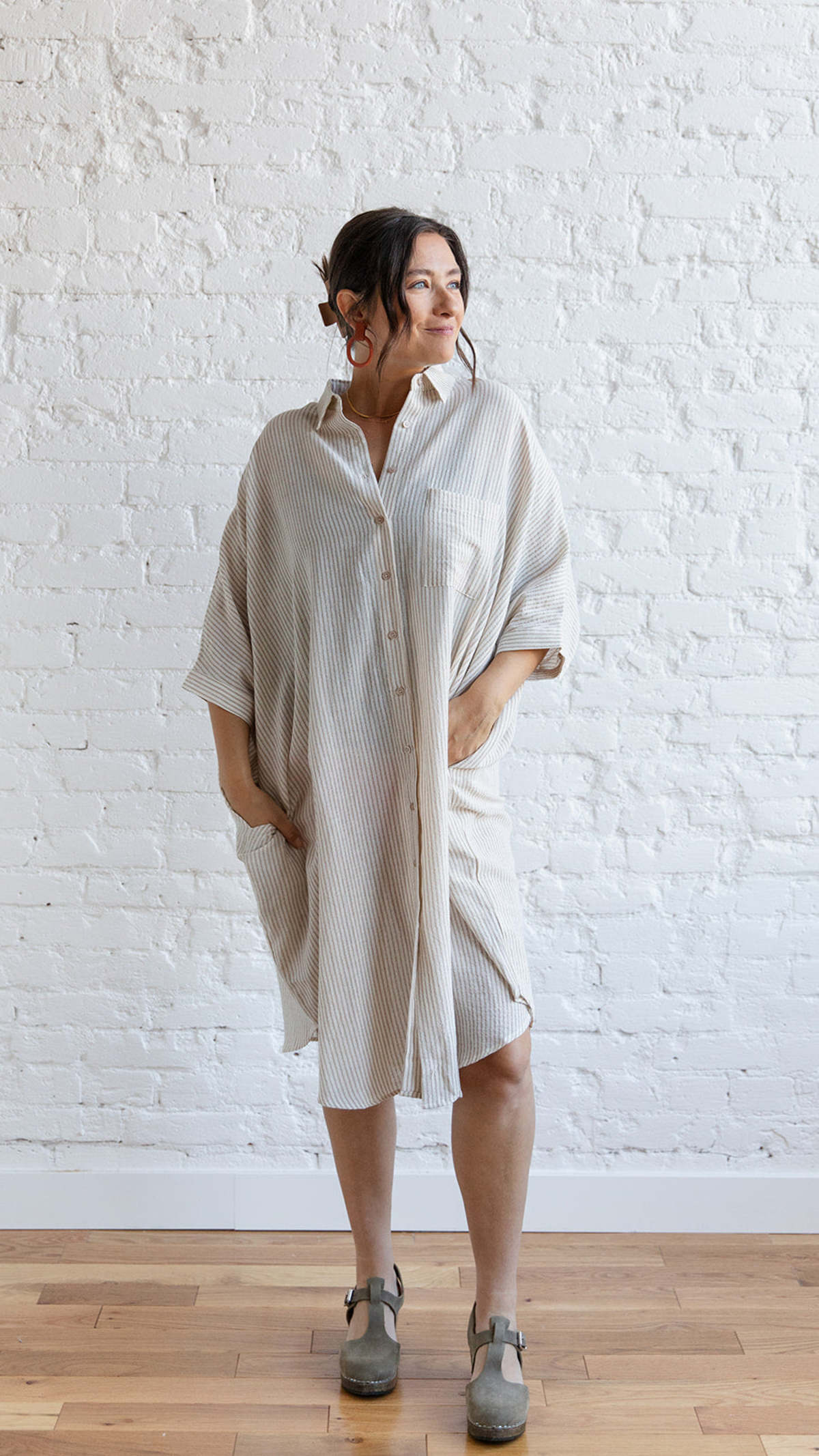 beige striped shirt dress Ladies Crew Neck Stripe T-Shirt Dress