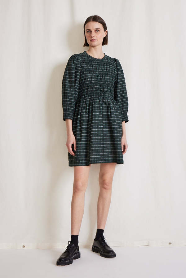 Apiece Apart Aldea Smocked Mini Dress - Black/Green Stripes | Garmentory