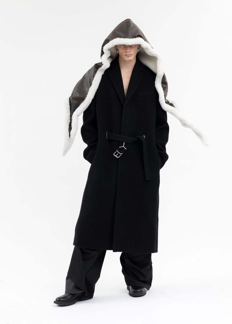 Y/project WIRE LEATHER SHEARLING HOOD - BROWN/OFF WHITE