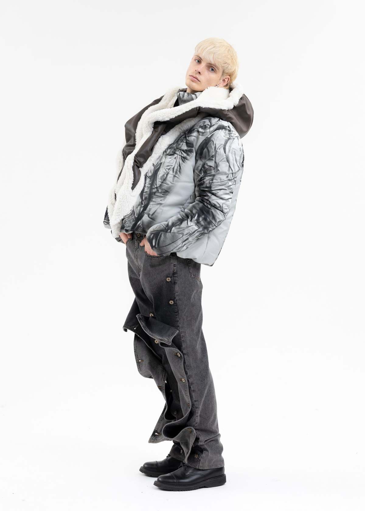 Y/project WIRE LEATHER SHEARLING HOOD - BROWN/OFF WHITE