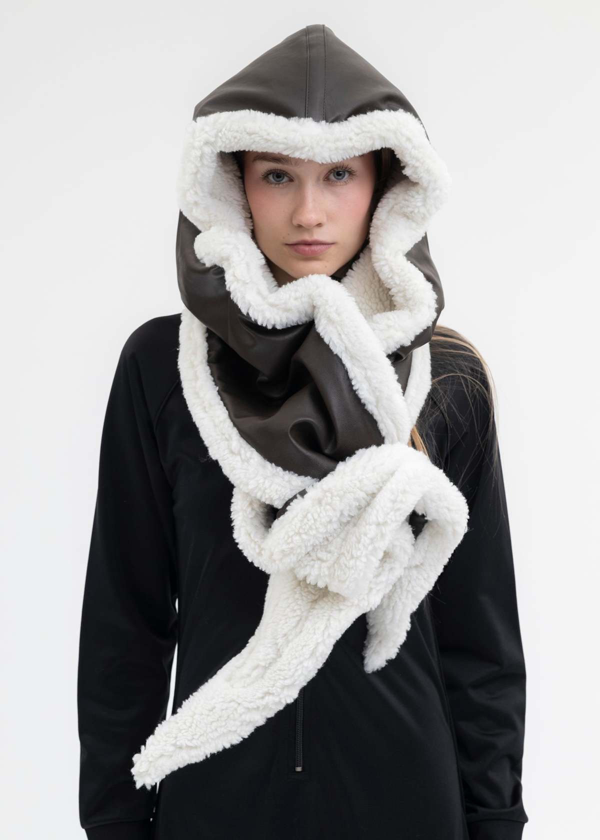 Y/project Wire Leather Shearling Hood - Brown/Off White