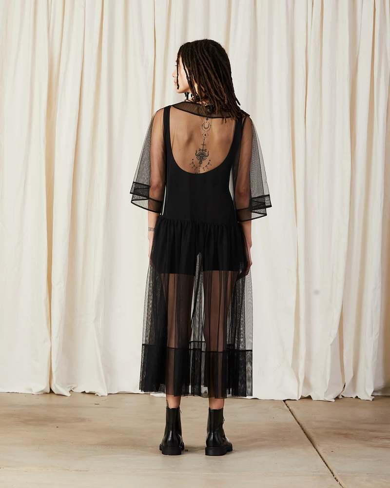 Ali Golden Side Ruffle Mesh Dress - Black | Garmentory