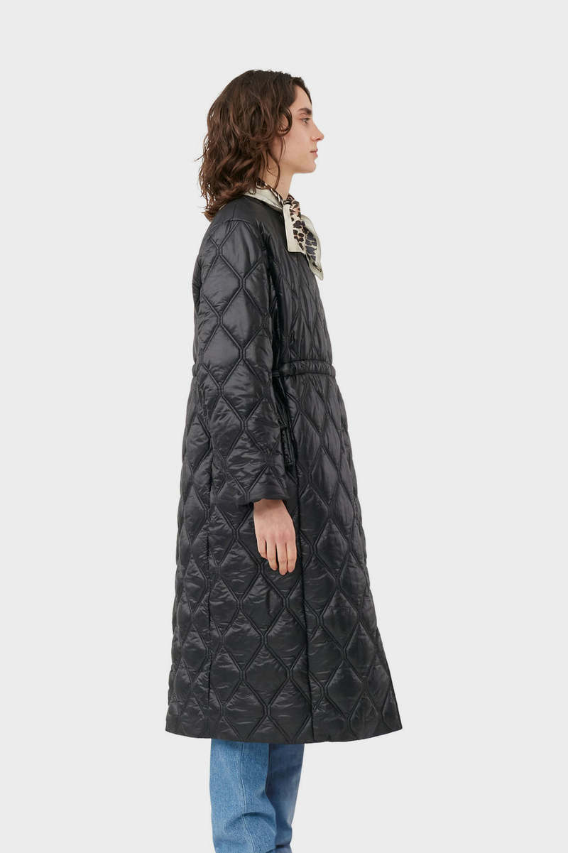 Ganni Shiny Quilt Long Coat - Black | Garmentory