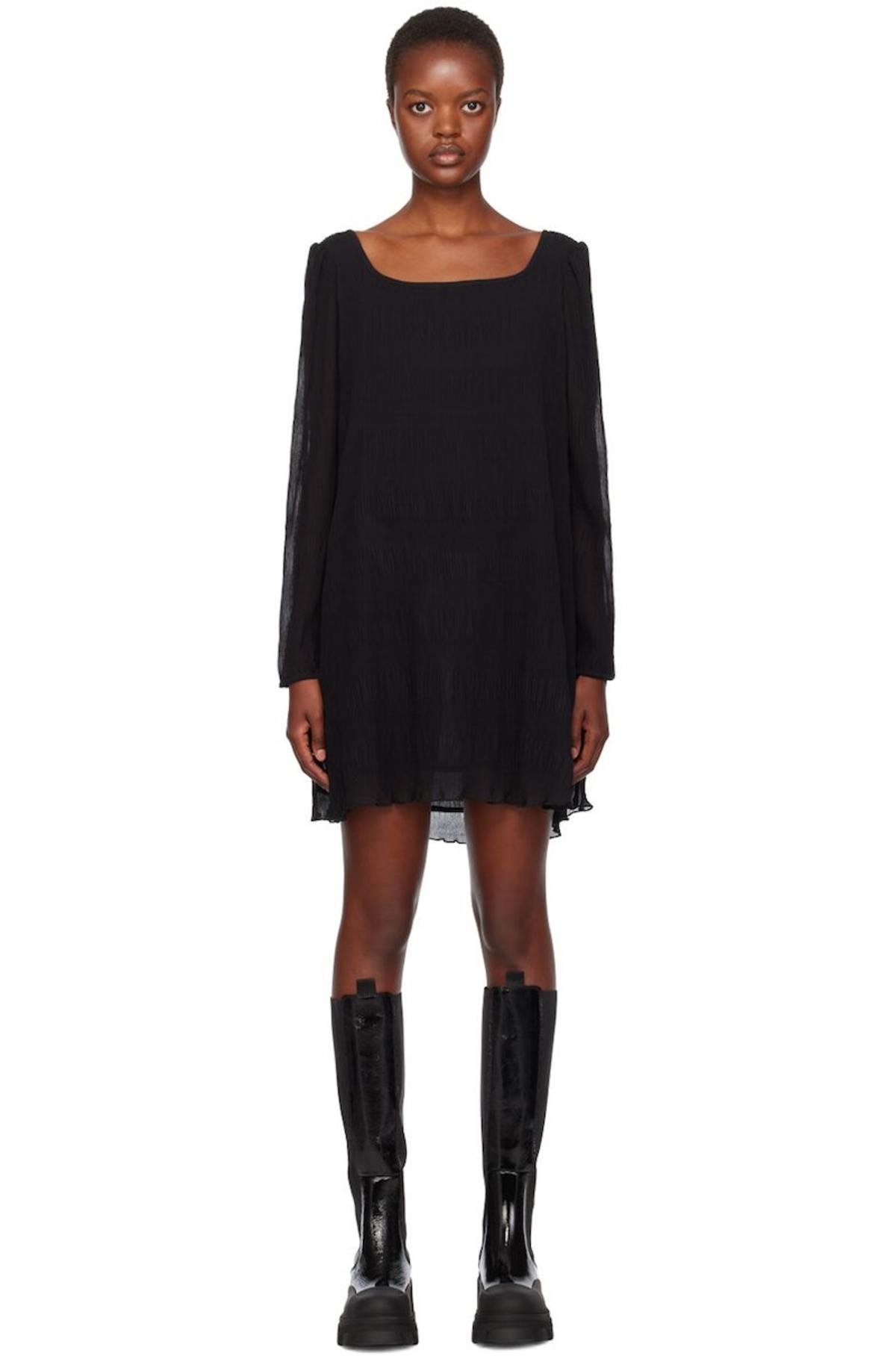 ganni pleated satin dress black GANNI black satin pleated belt oversize dress with balloon sleeves  BOREAL  REBORN