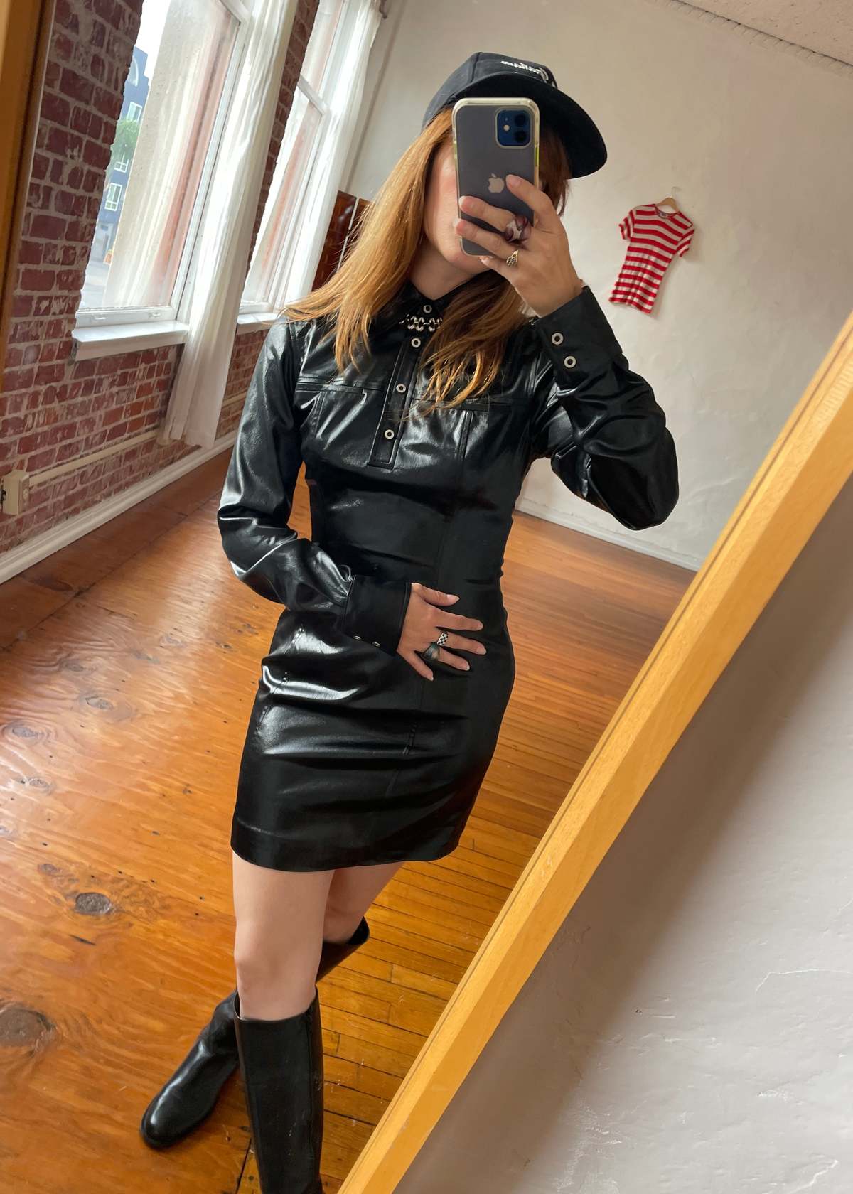 1990s Wetlook Long Sleeve Collared Mini Dress w/ Snap Buttons - Black | Garmentory 1990s Wetlook Long Sleeve Collared Mini Dress w/ Snap Buttons - Black | Garmentory