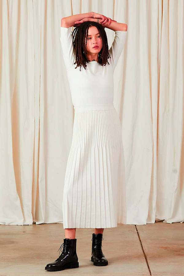 Ali Golden Knit Pleated Midi Skirt Cream Garmentory