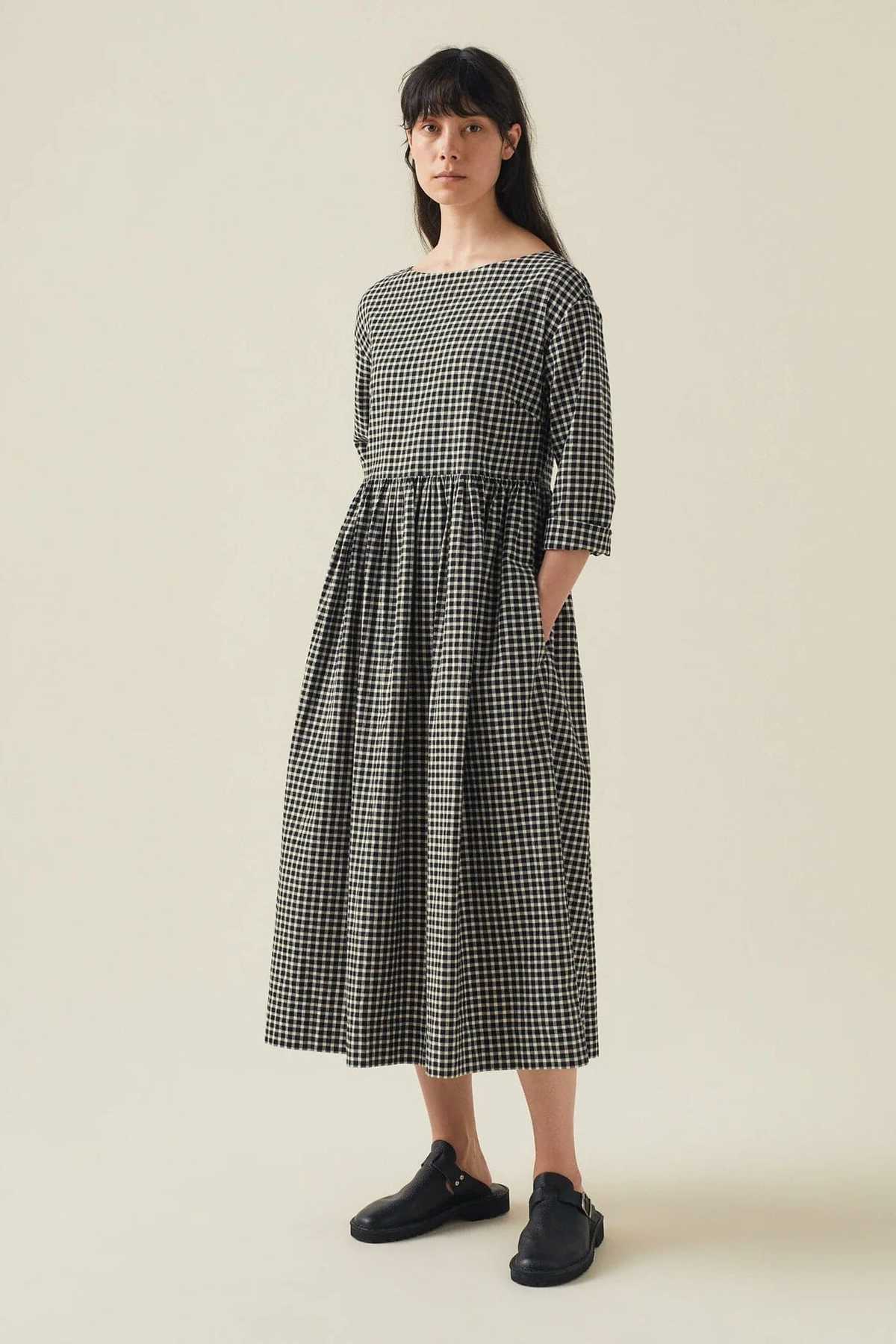 TOAST Boat Neck Cotton Gingham Dress - Charcoal/Natural