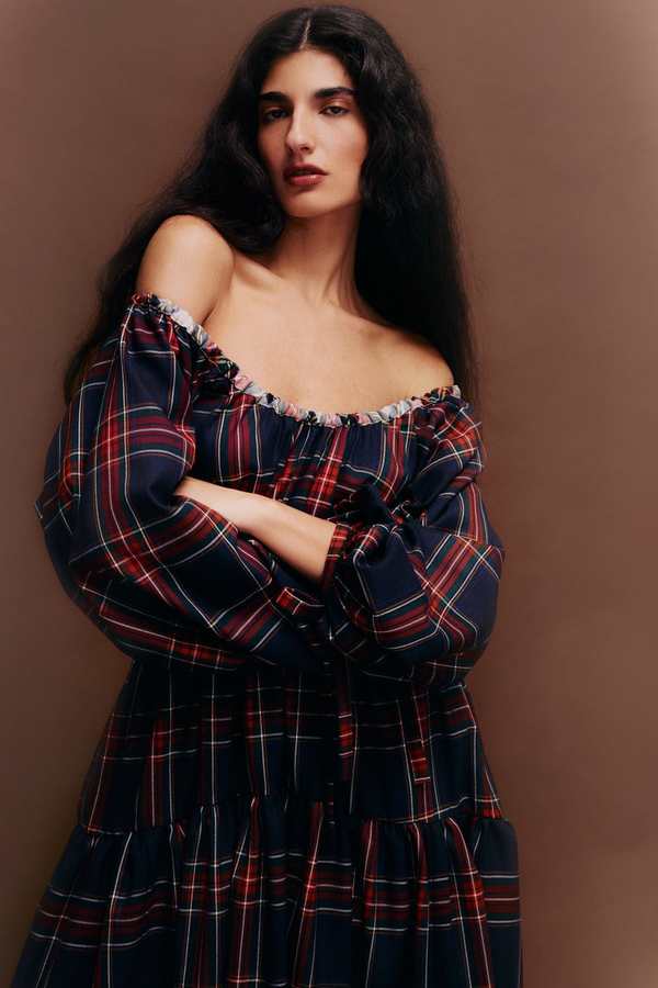 dark blue plaid dress Navy Plaid Button Down Smocked Cotton Midi Dress main image 0