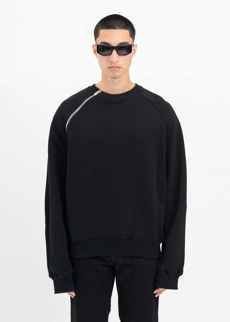 Heliot Emil Sequence Zip Crewneck - Black | Garmentory