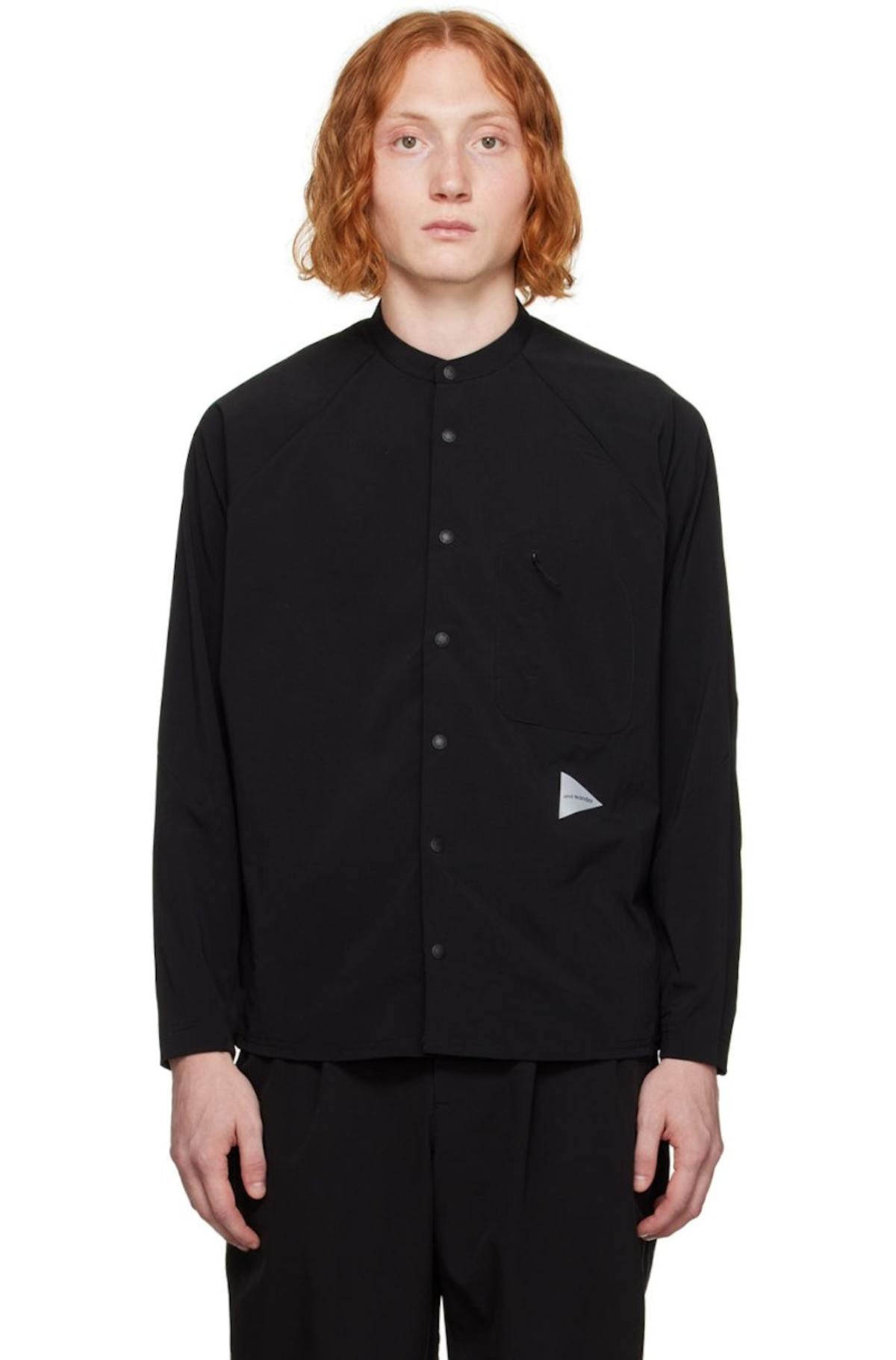 トップス and wander fleece base band collar shirt and wander Black & Gray Fleece Base Band Collar Shirt and Wander