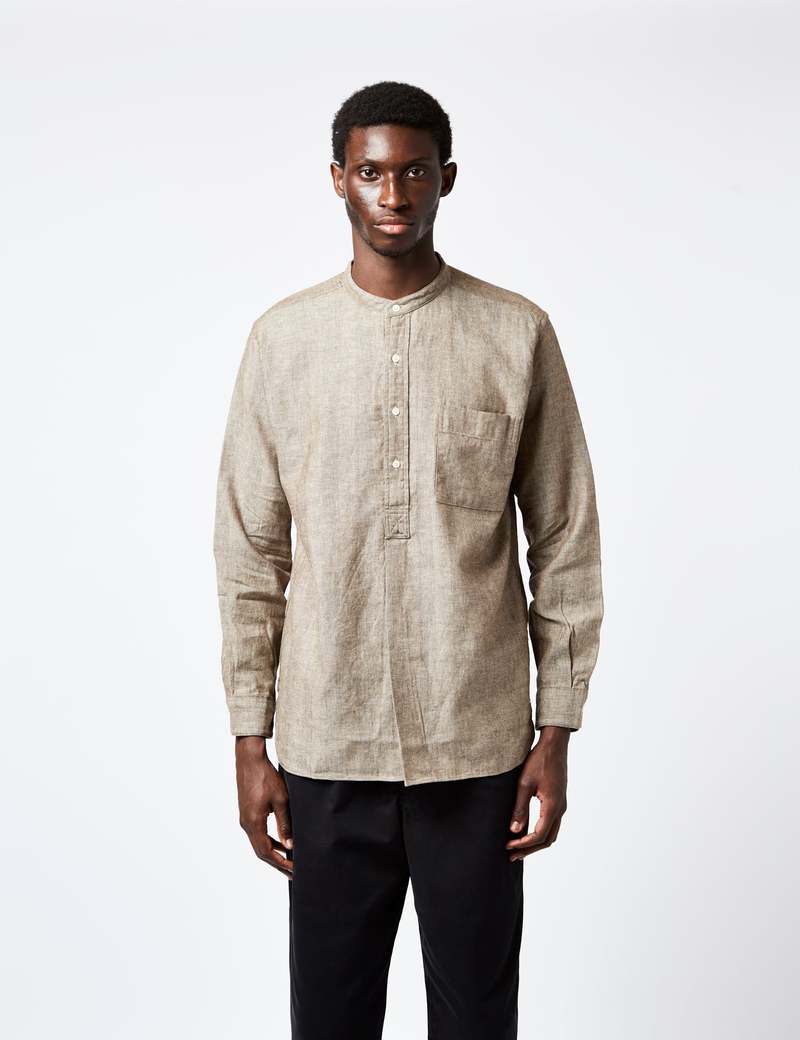 シャツ BEAMS PLUS Band Collar Pullover Beams Plus Band Collar Pullover Shirt - Brown | Garmentory