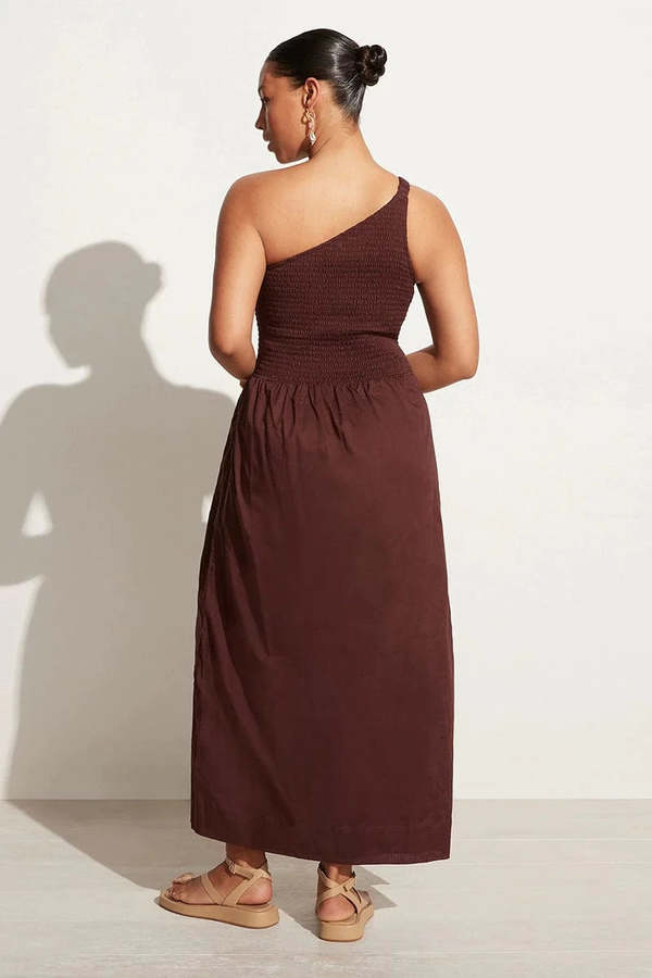 knee length dresses for ladies FAITHFUL THE BRAND Khalani Midi Dress |Orange/Brown Floral, Sz 14, One  Shoulder