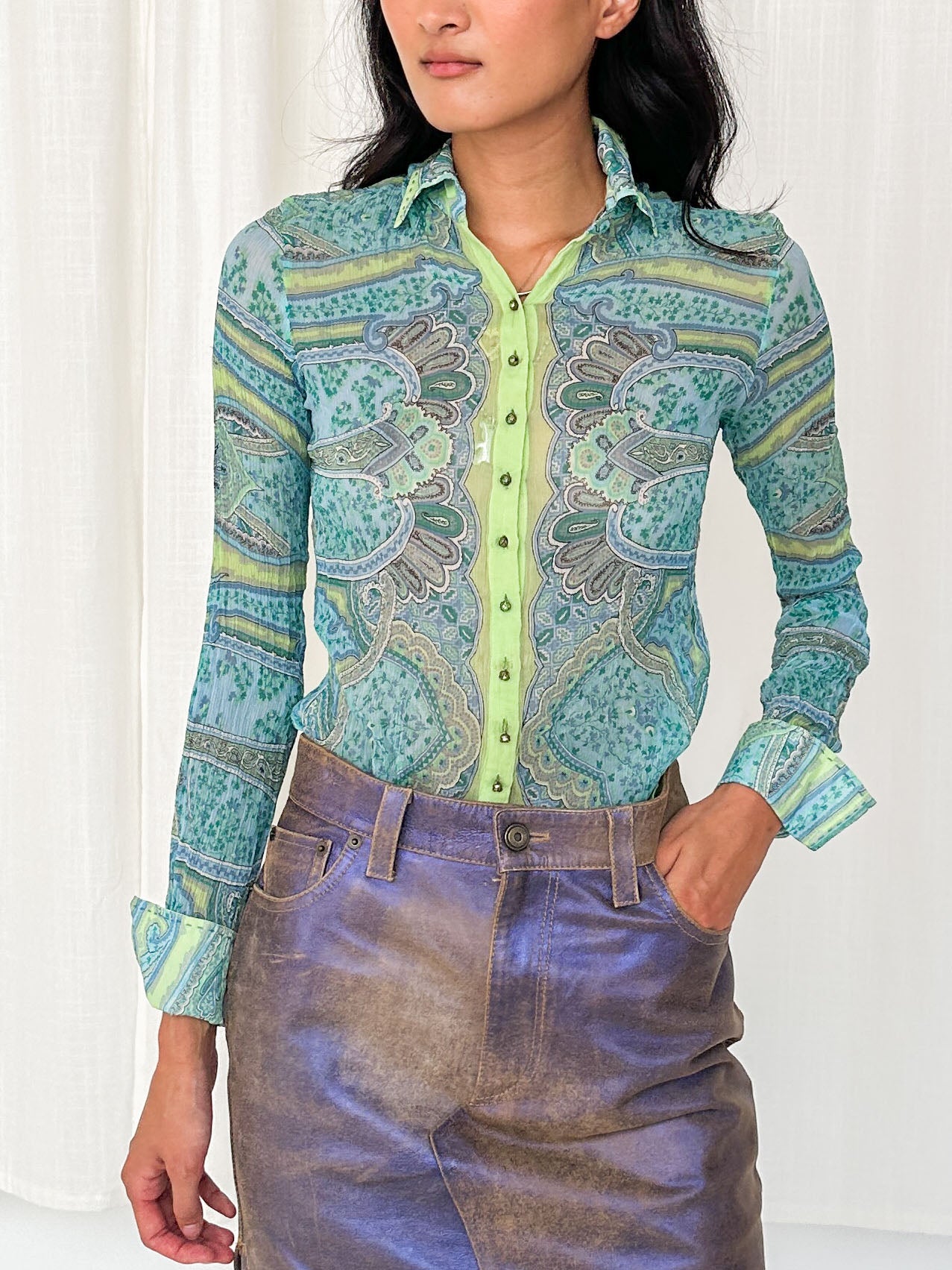Silk Chiffon Paisley Print Blouse - Lime/Aqua | Garmentory, image size:1277x1703