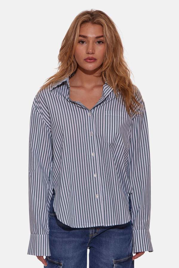 Blue and Cream  Poppy Buttondown Poplin Shirt - Green Stripe