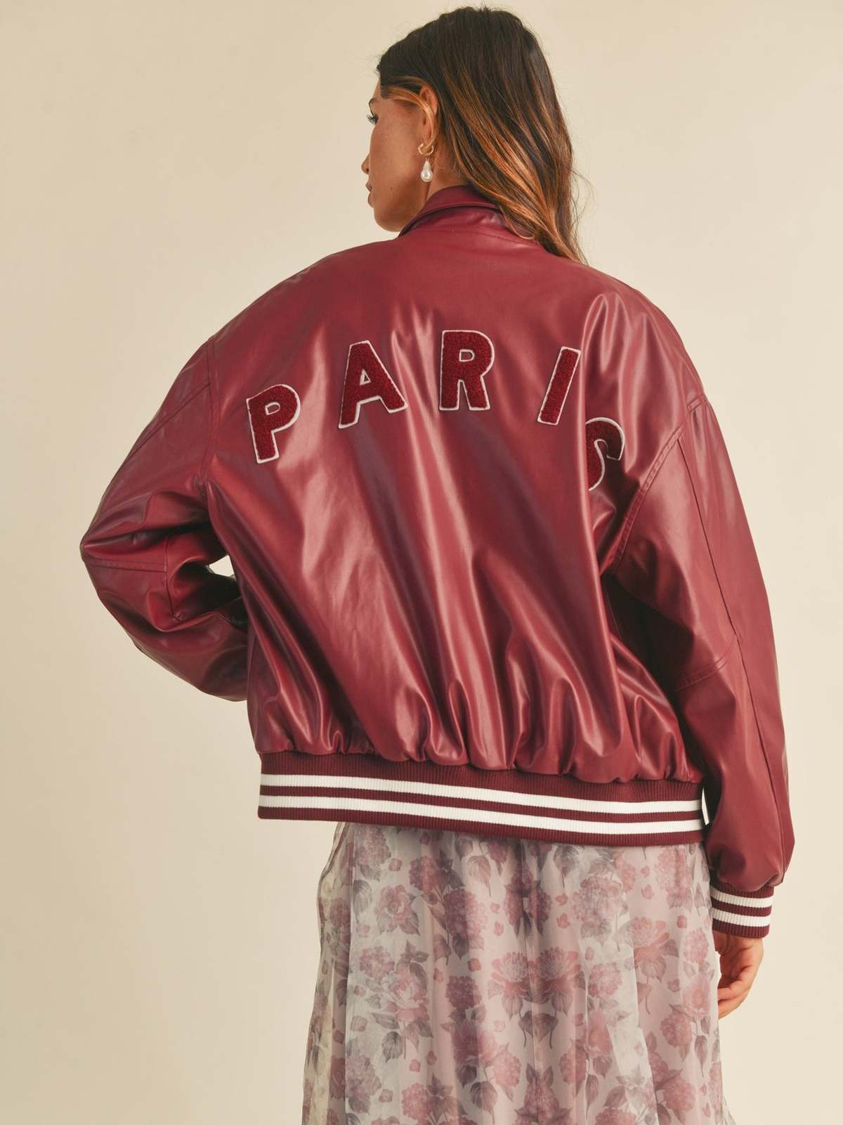 Mable Nolan Faux Leather Varsity Jacket - Burgundy | Garmentory