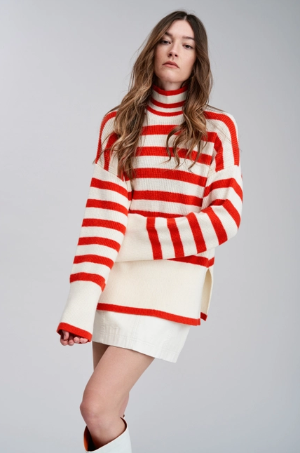 FLAT WHITE Andorra Stripe Sweater - Red/White | Garmentory