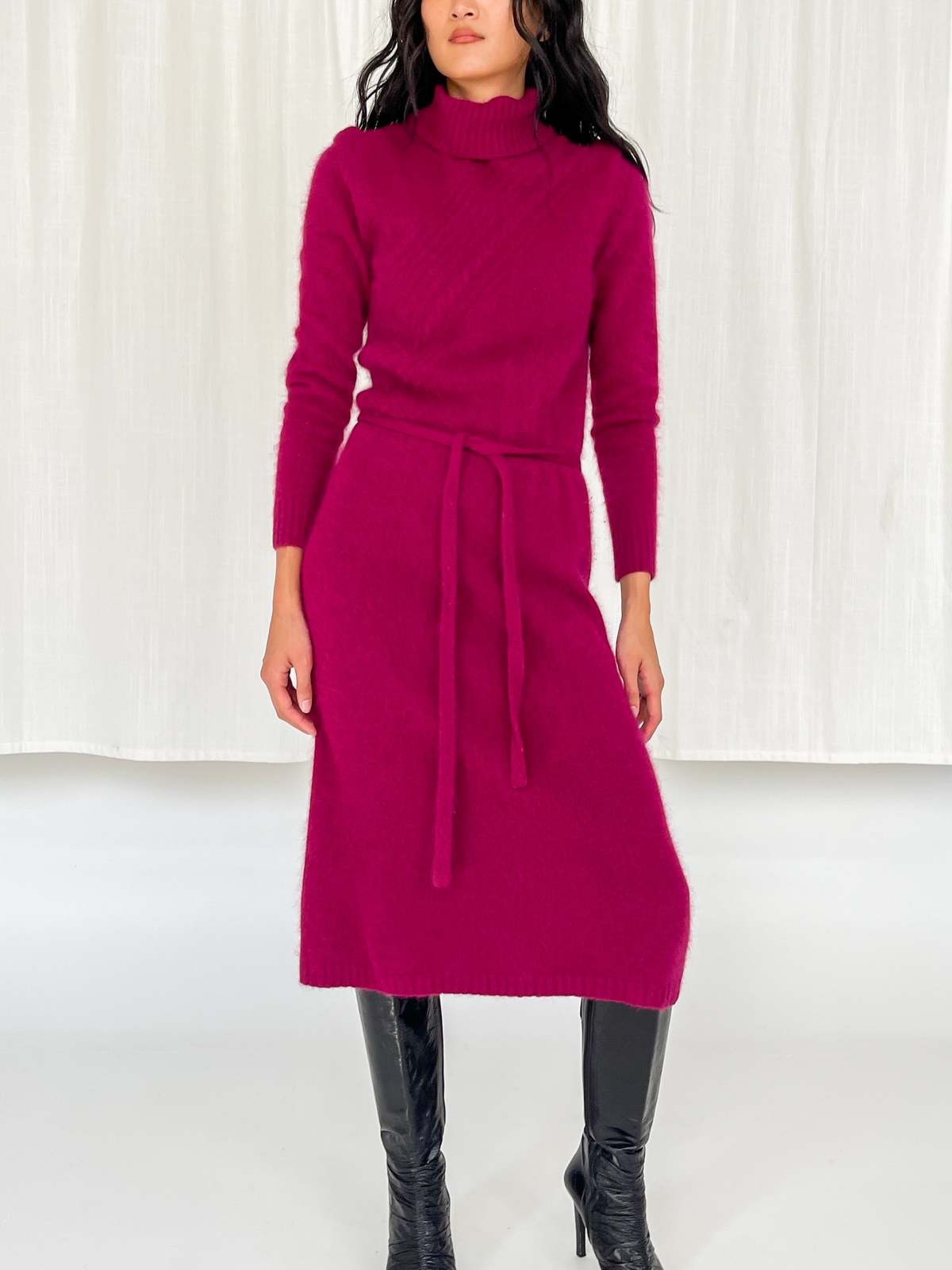 pink angora sweater dress Angora Blend Midi Sweater Dress, Oversized Knit Outfit, Soft Pink Mock Neck Slit Dress