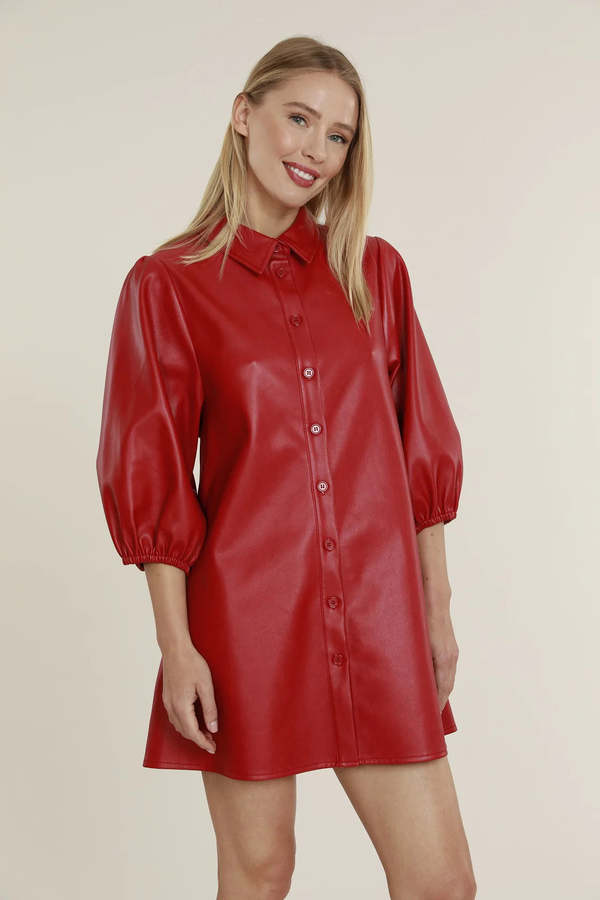 Dolce Cabo Vegan Leather Puff Sleeve Dress - Red | Garmentory