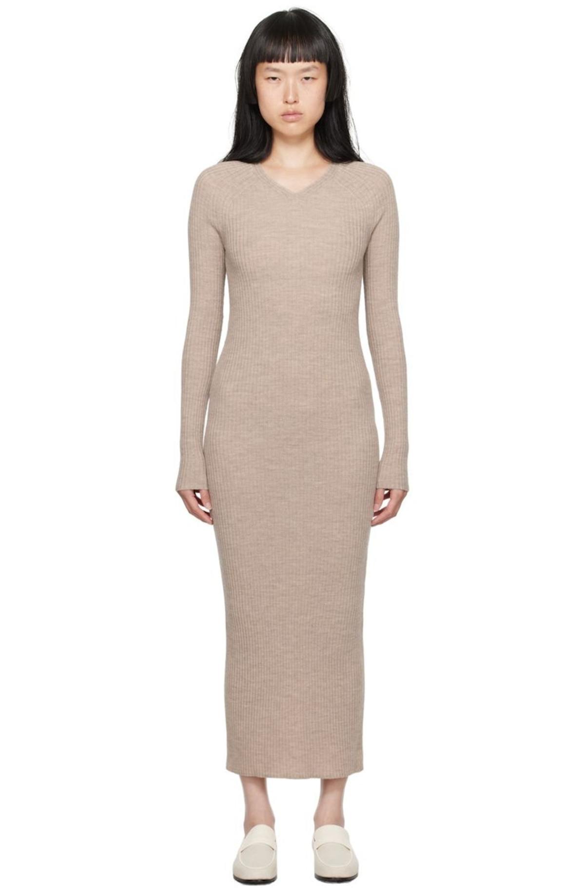 knee length dresses for ladies Shearling appliqué dress macadamia – TOTEME main image 0