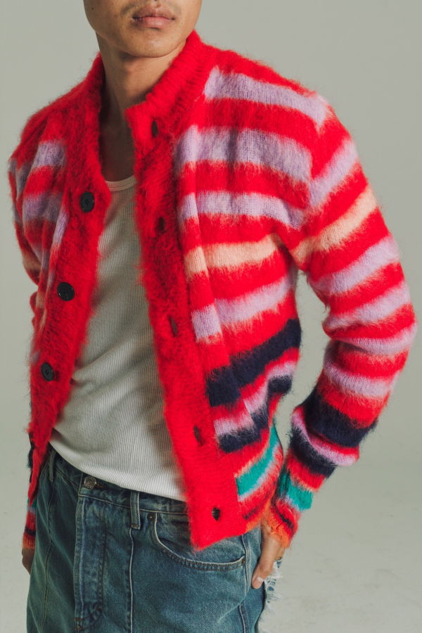 Edward Cuming Mohair Cardigan - Red Multi Stripe