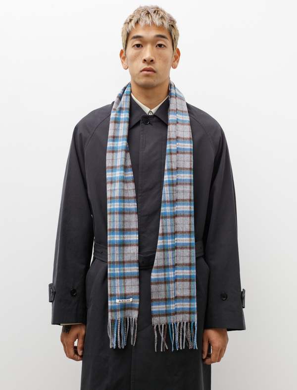 Auralee Cashmere Check Stole - Gray Blue | Garmentory