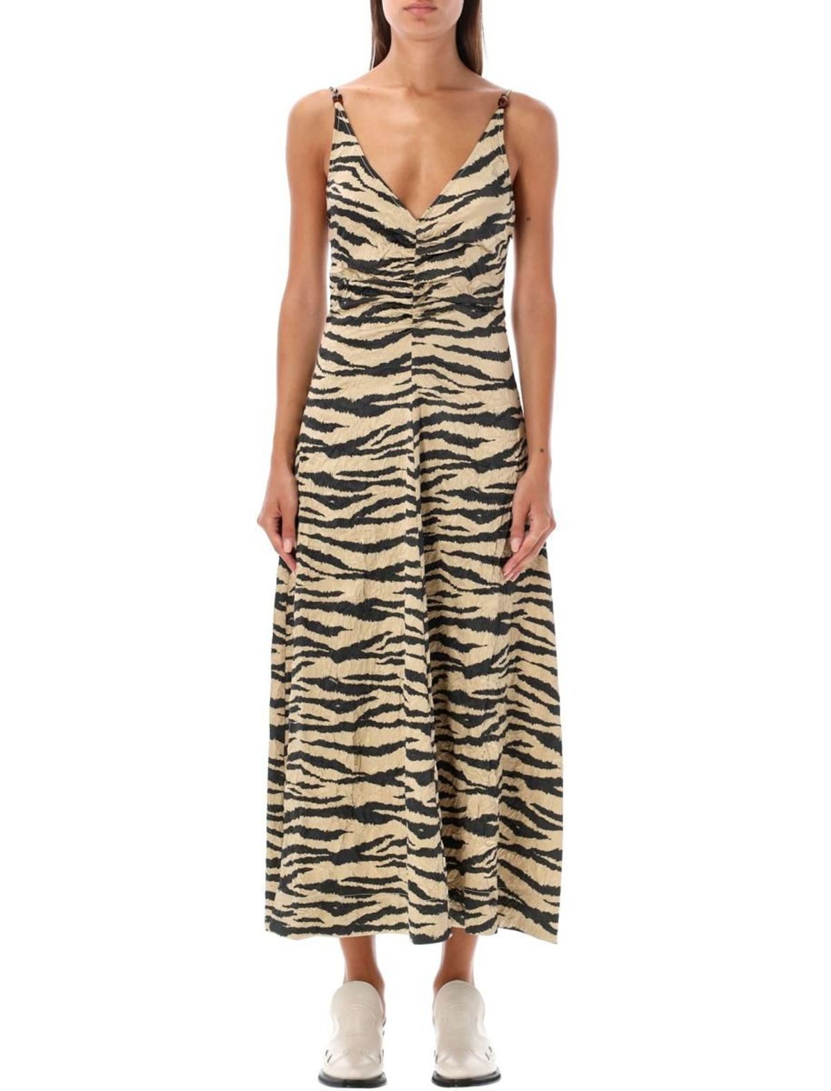 Ganni Crinkled Satin Maxi Strap Dress - Tiger Khaki | Garmentory