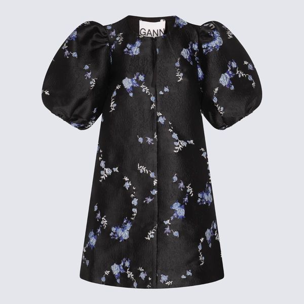 ganni puff sleeve jacquard mini dress GANNI Black Jacquard Puff Sleeve Mini Dress