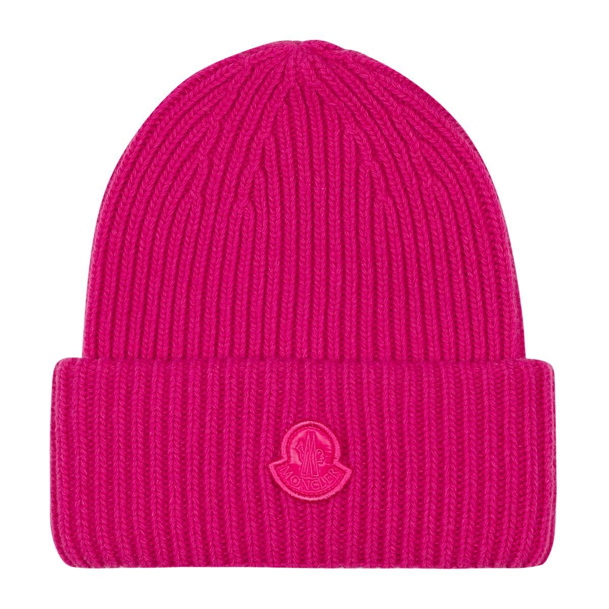 Moncler Fuchsia Knit Beanie with Logo Patch Moncler: Pink Wool & Cashmere Pom Pom Beanie | SSENSE main image 3