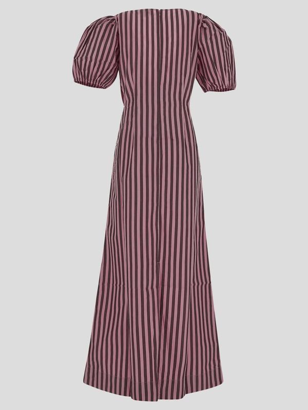 ganni red striped dress GANNI Gathered striped cotton-poplin midi shirt dress